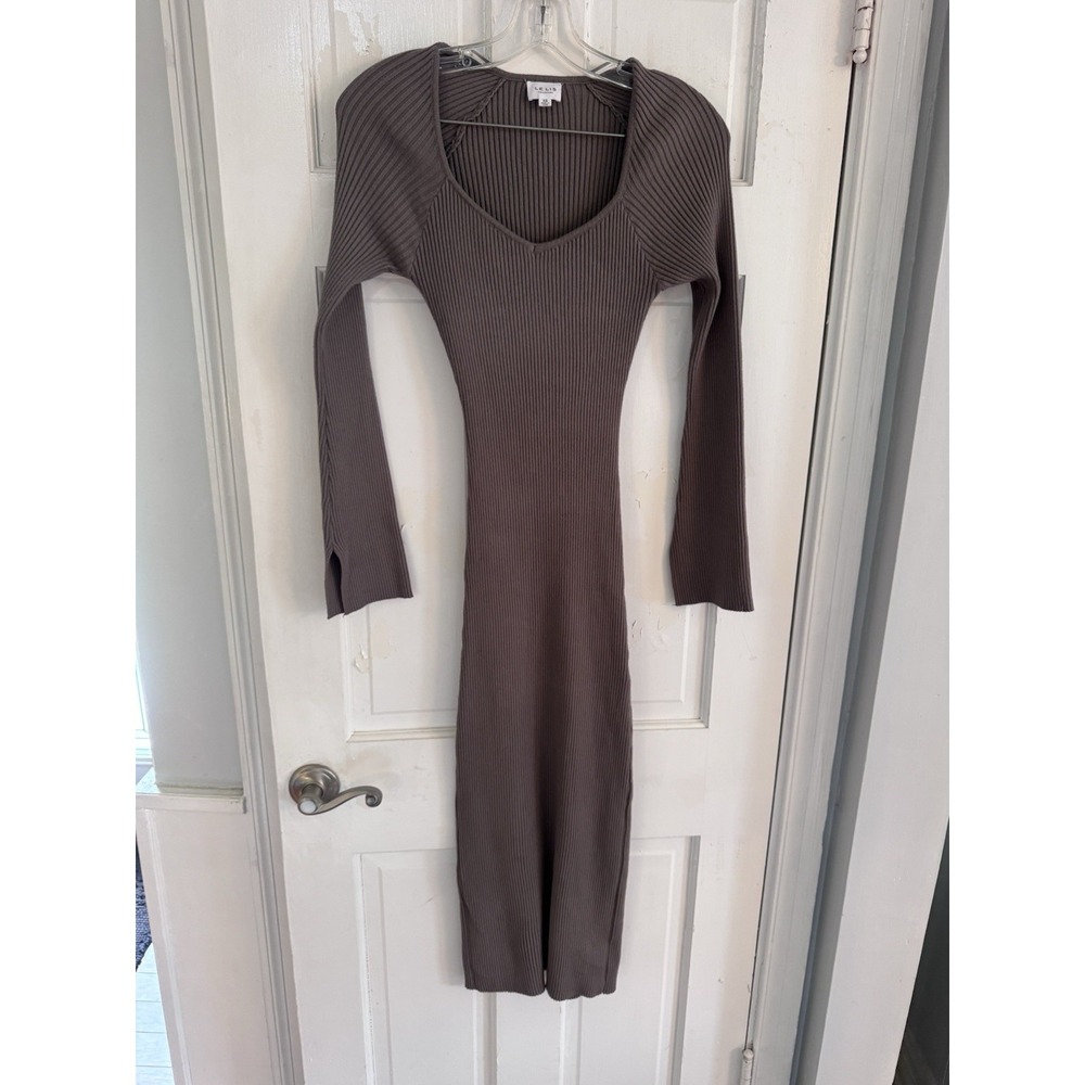 LE LIS Ribbed Knit Midi Dress Brown Long Sleeve Bodycon Slit Women XS Minimalist
